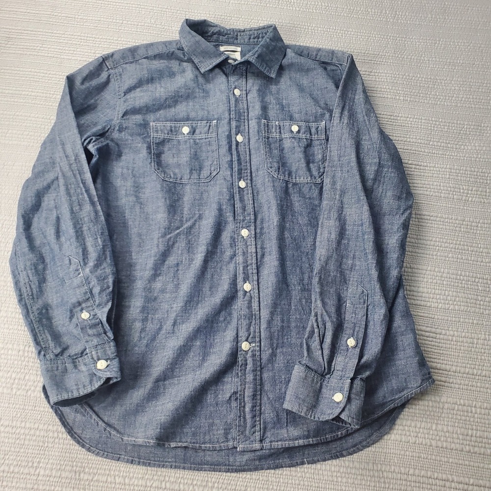 100% Cotton Chambray Button Down Shirt Mens Large Blue Slim Fit Long Sleeve